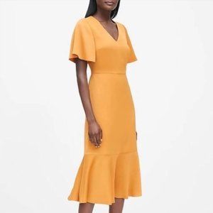 Banana Republic Yellow Satin Flutter-Sleeve Midi Dress Size 6